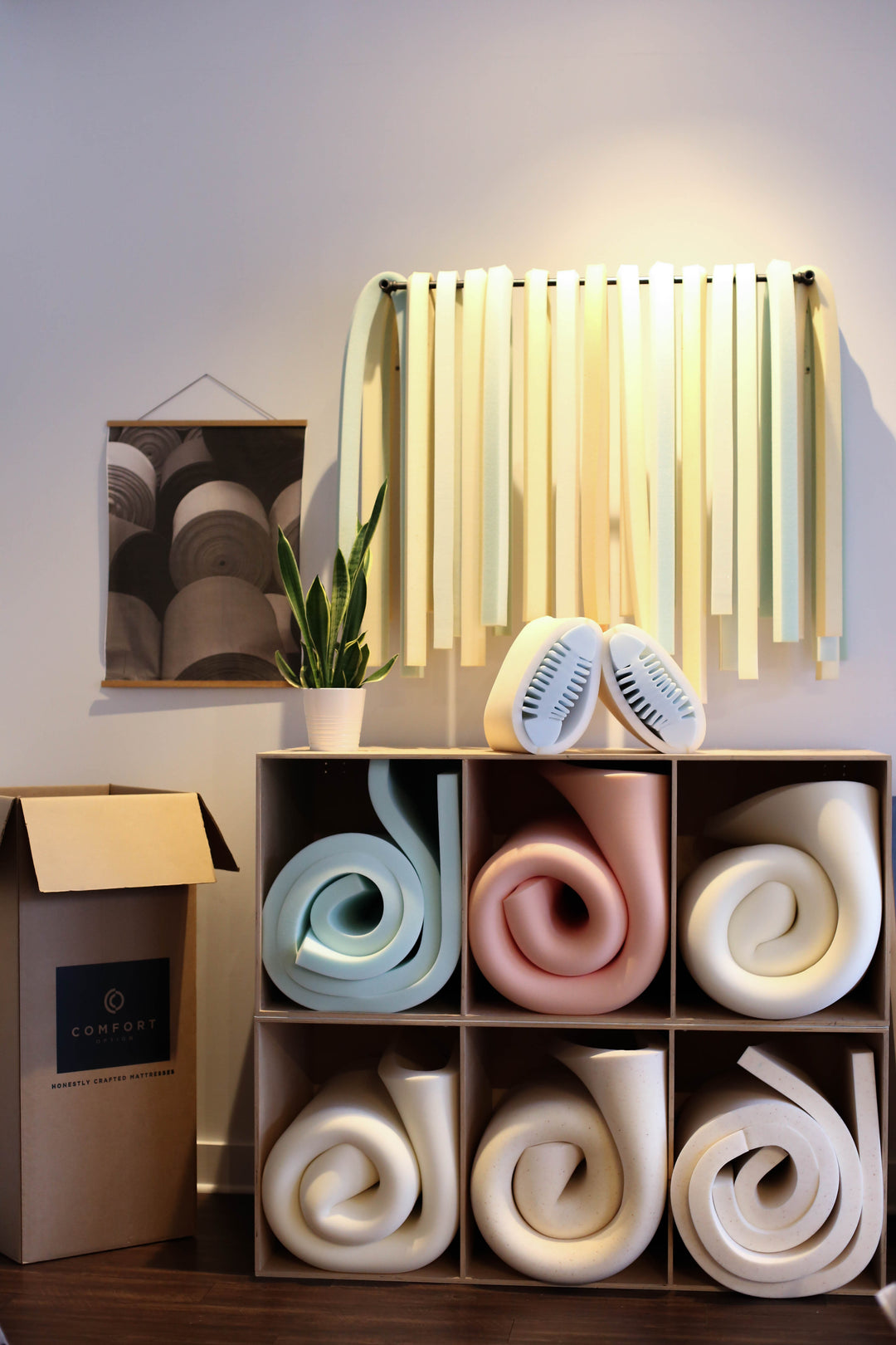 Image of Foam Toppers rolled and stored in bins
