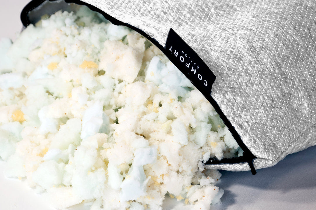 Inside of Comfort Option shredded foam pillow