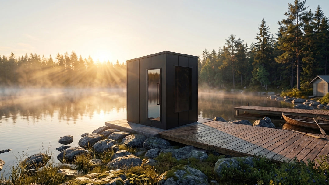 A modern dark gray outdoor cabin with a glass door sits on a wooden dock beside a calm lake at sunrise, surrounded by rocks, trees, and mist.