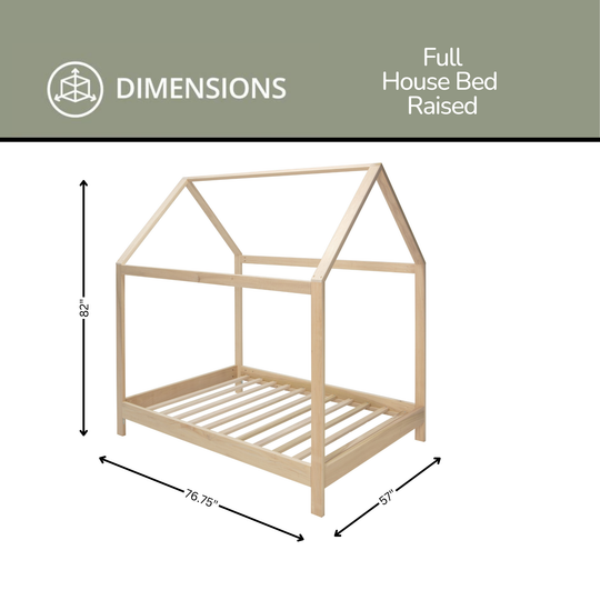 Dimensions of a full house bed raised on a white background
