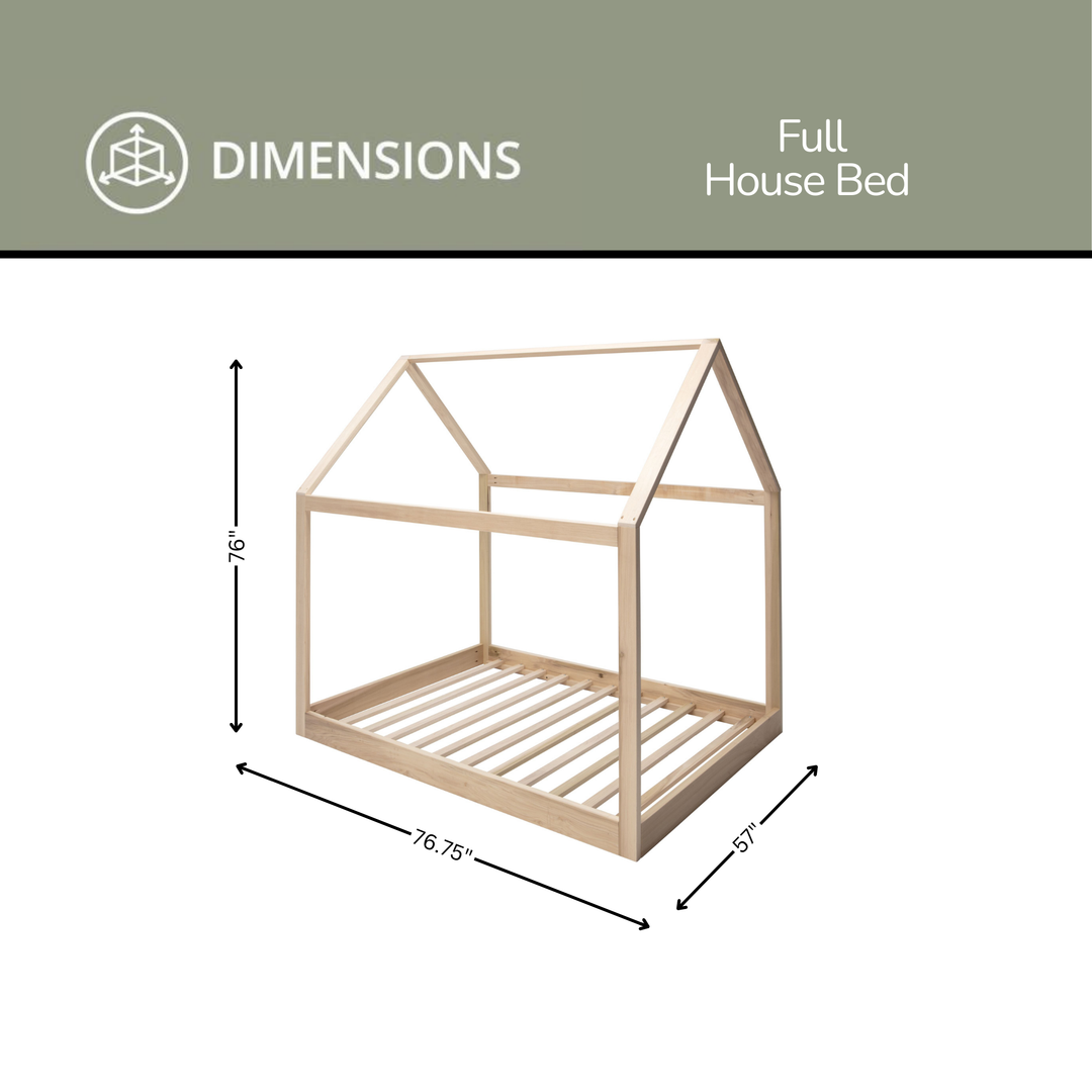 Dimensions of a full house bed with clear measurements on a white background