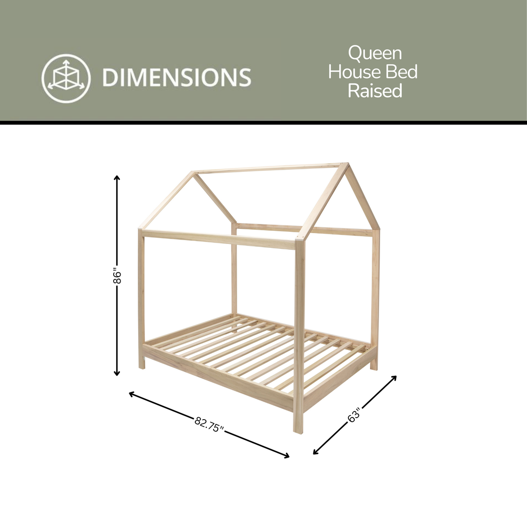 Dimensions of a Queen House Bed Raised on a white background