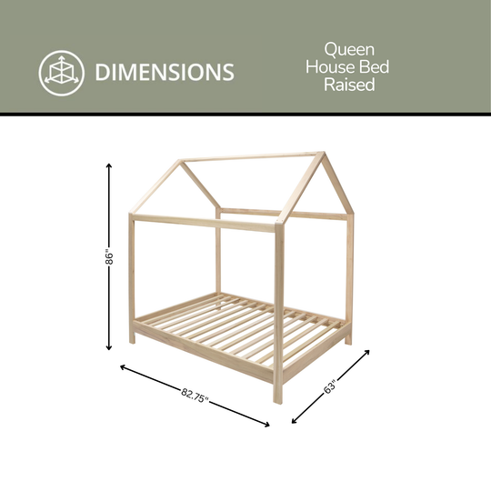 Dimensions of a Queen House Bed Raised on a white background