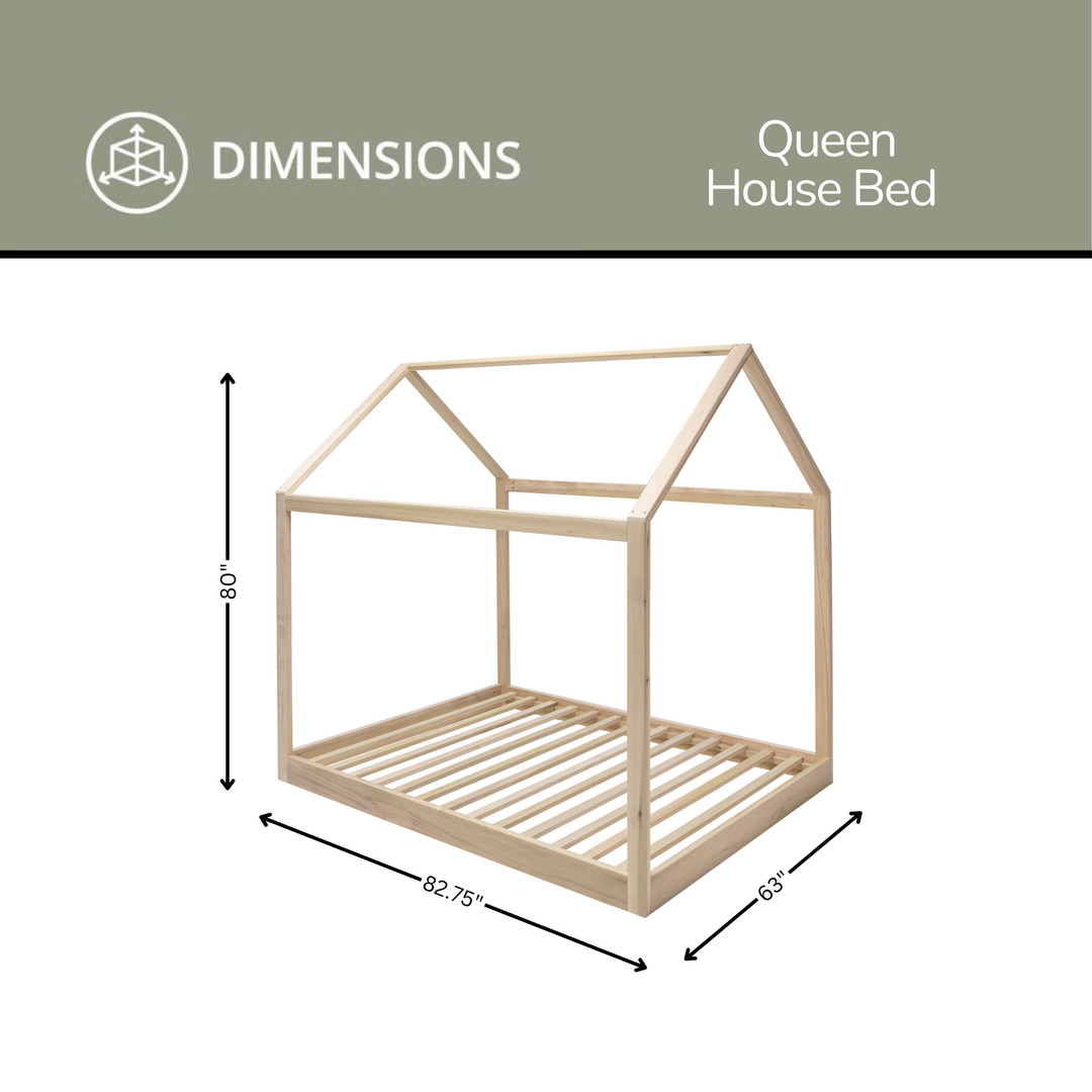 Dimensions of a queen house bed with clear measurements on a white background