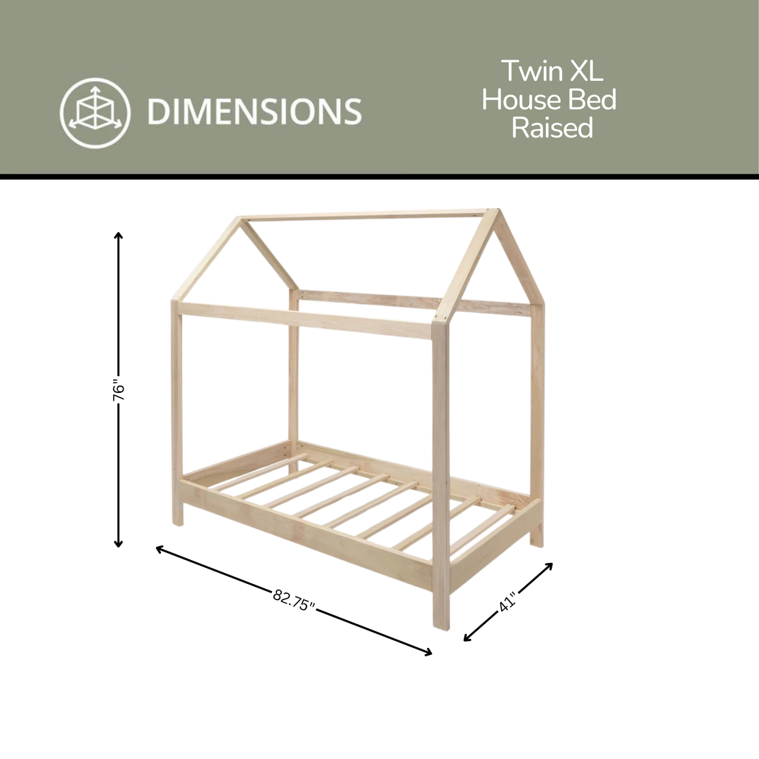 Dimensions of a Twin XL house bed raised on a white background