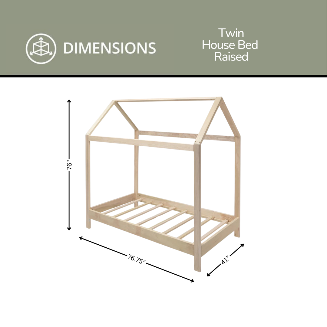 Dimensions of a twin house bed raised on a white background