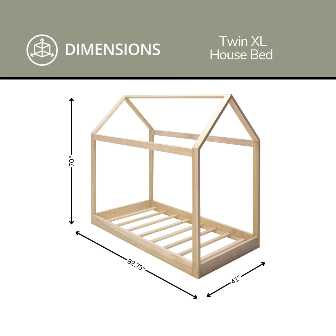 Dimensions of a Twin XL house bed with clear measurements on a white background.