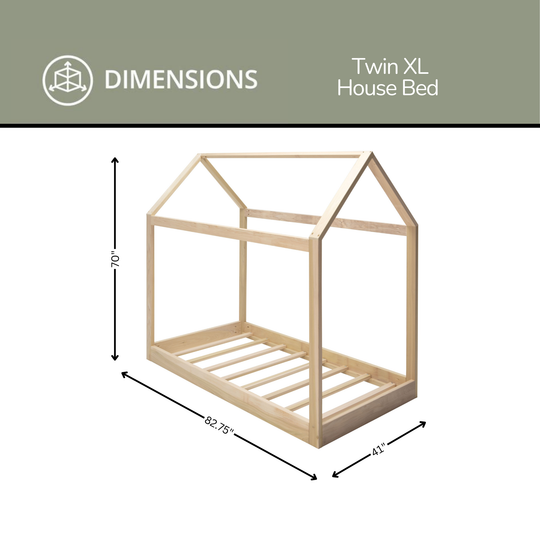 Dimensions of a Twin XL house bed with clear measurements on a white background.