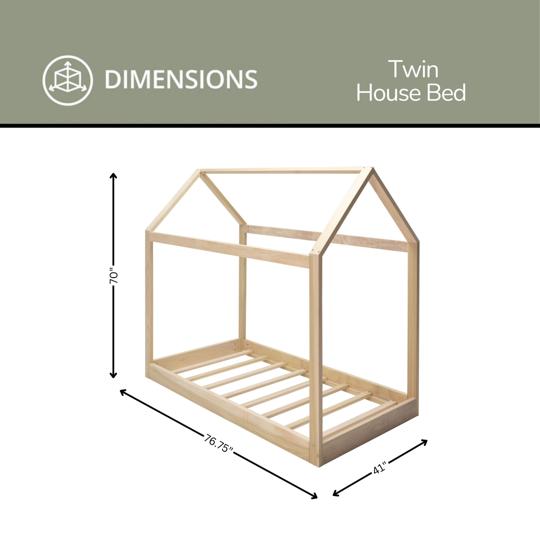 Dimensions of a twin house bed with clear measurements on a white background