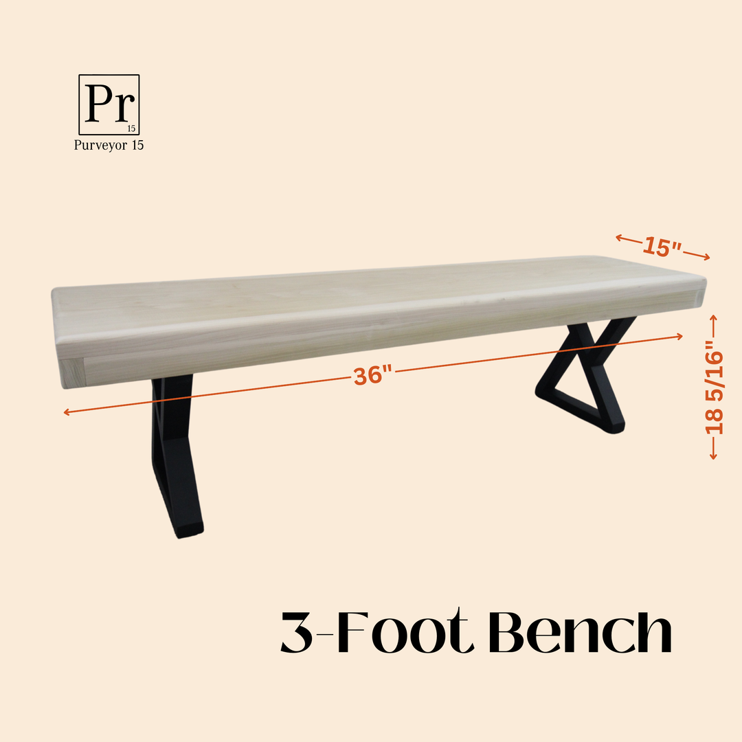 3-foot bench with measurements on a beige background