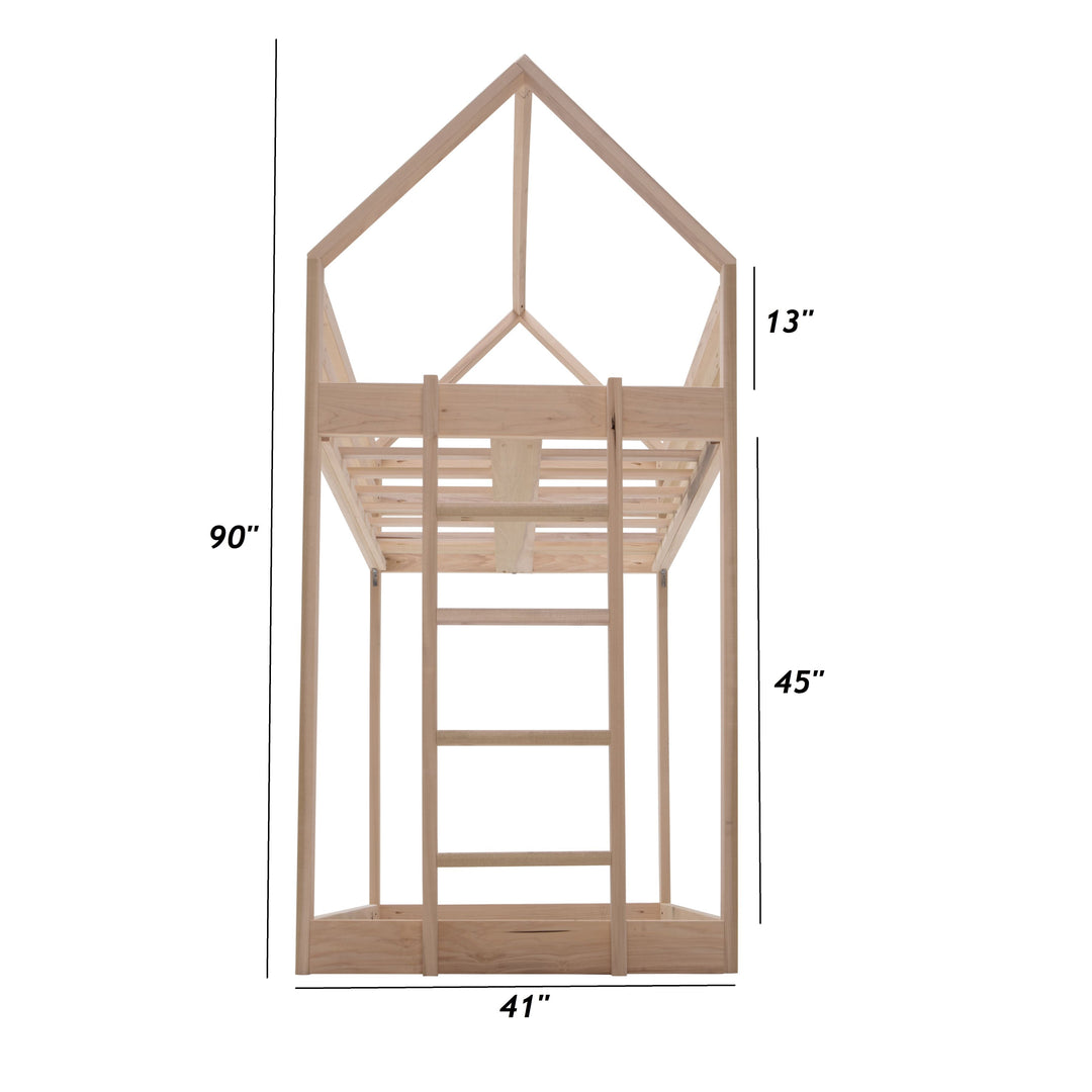 Wooden playhouse with dimensions on a white background