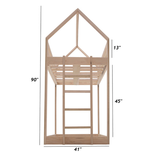 Wooden playhouse with dimensions on a white background