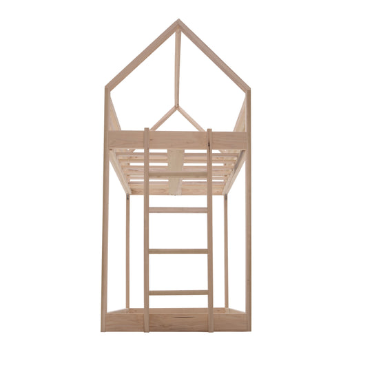 Wooden children's bed with a house design on a white background