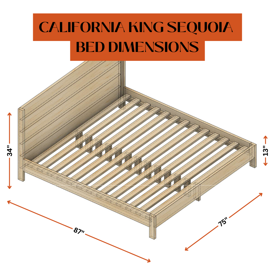 Wooden California King Sequoia bed frame with dimensions on a white background