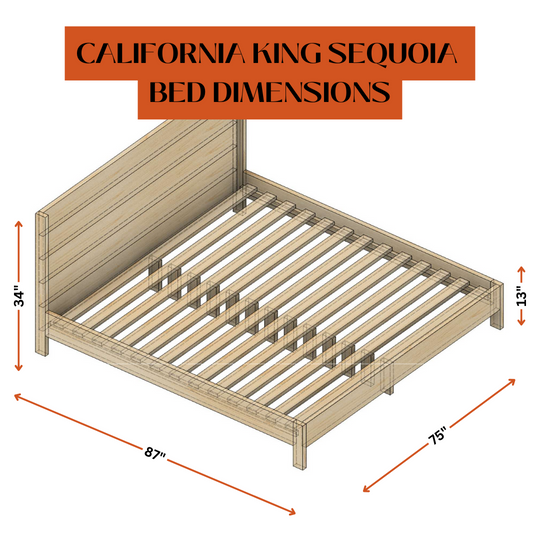 Wooden California King Sequoia bed frame with dimensions on a white background