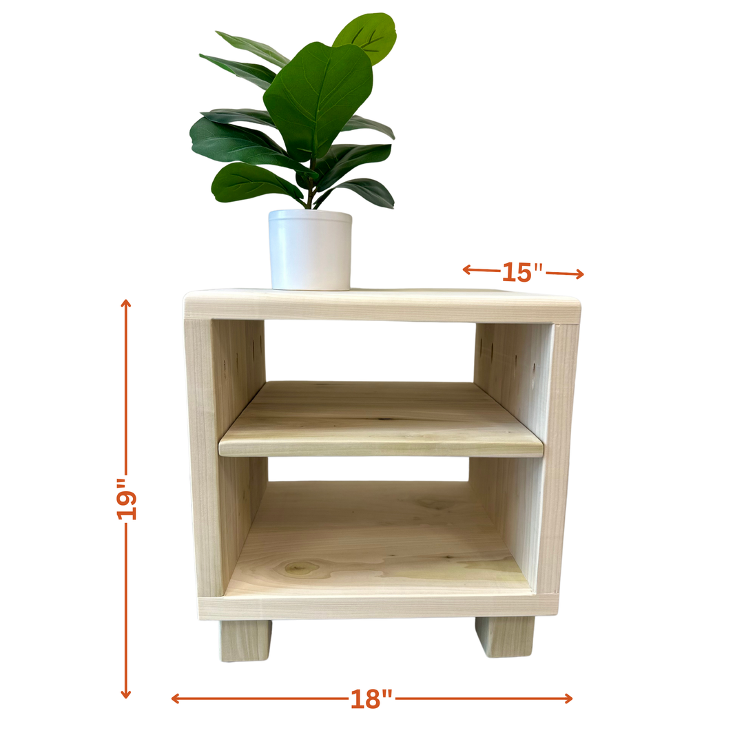 Wooden side table with dimensions and a potted plant on top