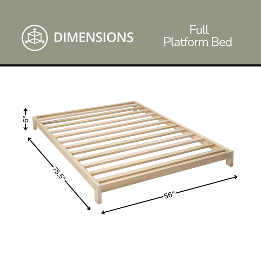Dimensions of a full platform bed with clear measurements on a white background.