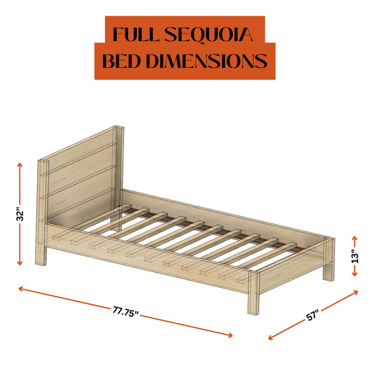 Wooden bed frame with dimensions labeled on a white background