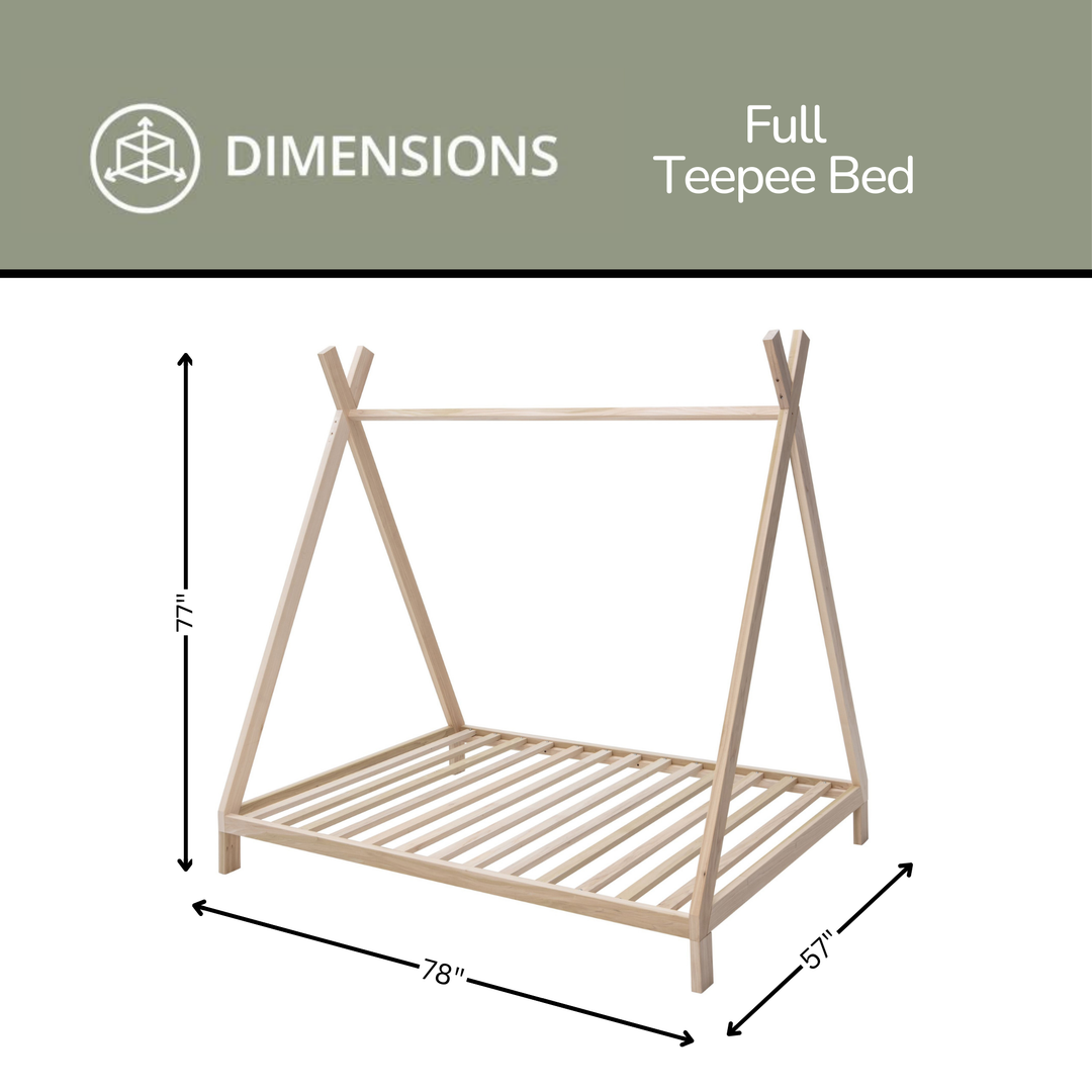 Dimensions of a Full Teepee Bed with measurements on a white background