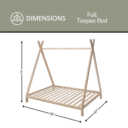 Dimensions of a Full Teepee Bed with measurements on a white background