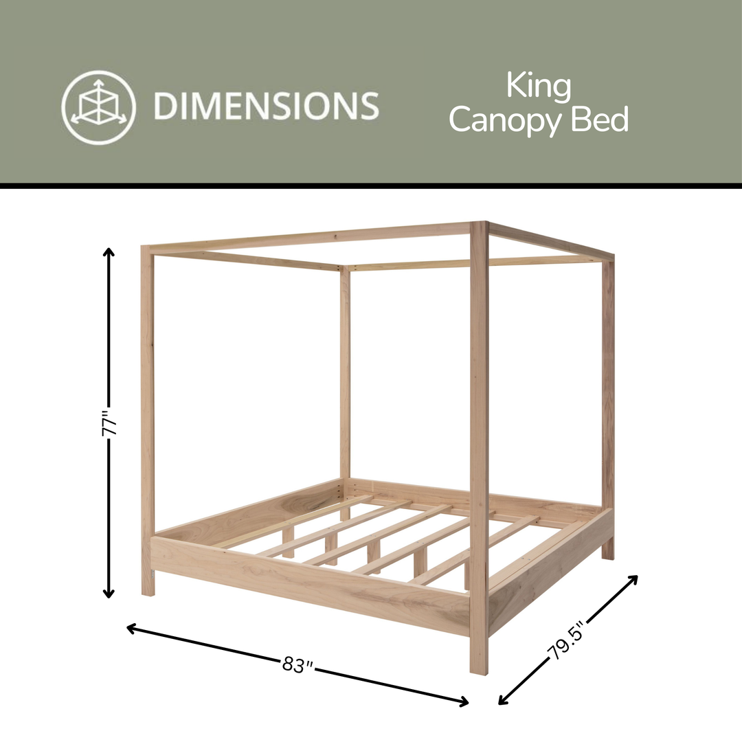 Dimensions of a King Canopy Bed with clear measurements on a white background