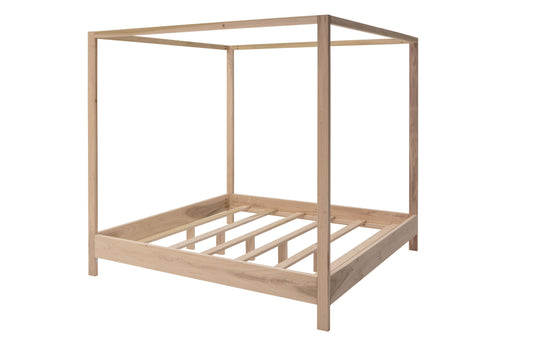 Wooden canopy bed frame on a white background