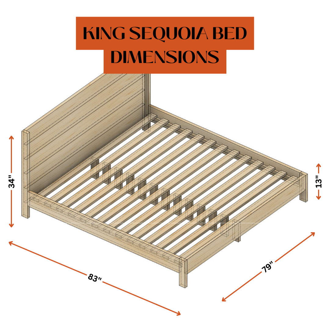Wooden bed frame with dimensions labeled on a white background