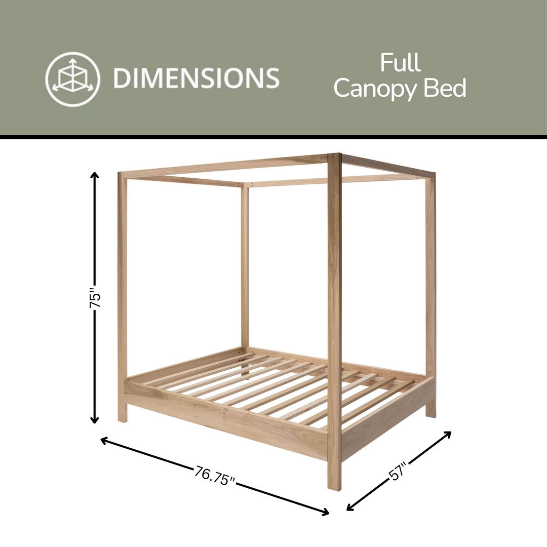 Dimensions of a full canopy bed with clear measurements on a white background.