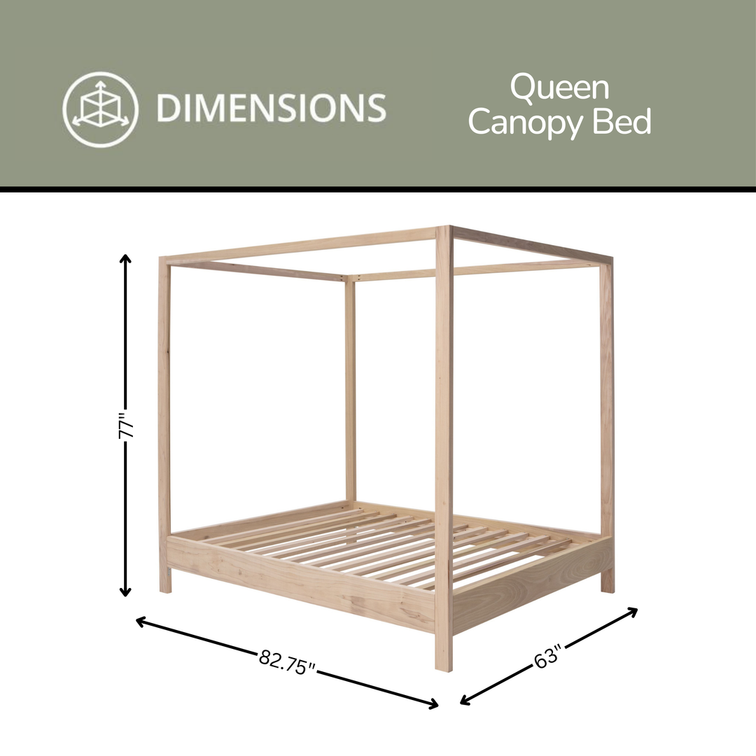 Dimensions of a Queen Canopy Bed with clear measurements on a white background