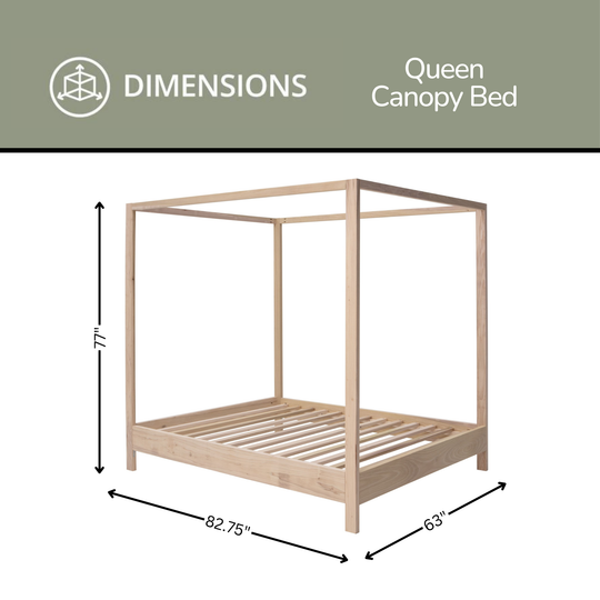 Dimensions of a Queen Canopy Bed with clear measurements on a white background