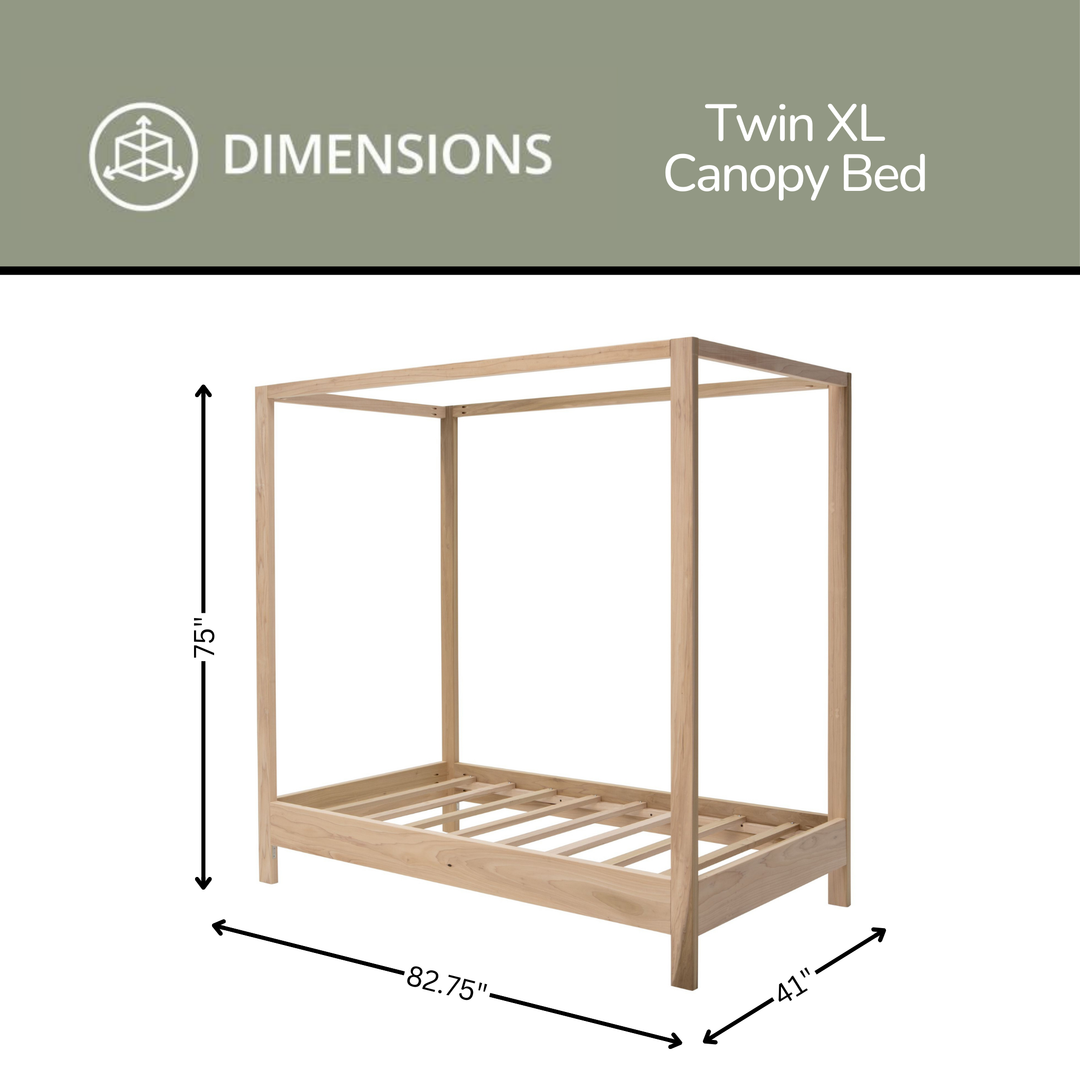 Twin XL canopy bed with dimensions labeled on a white background