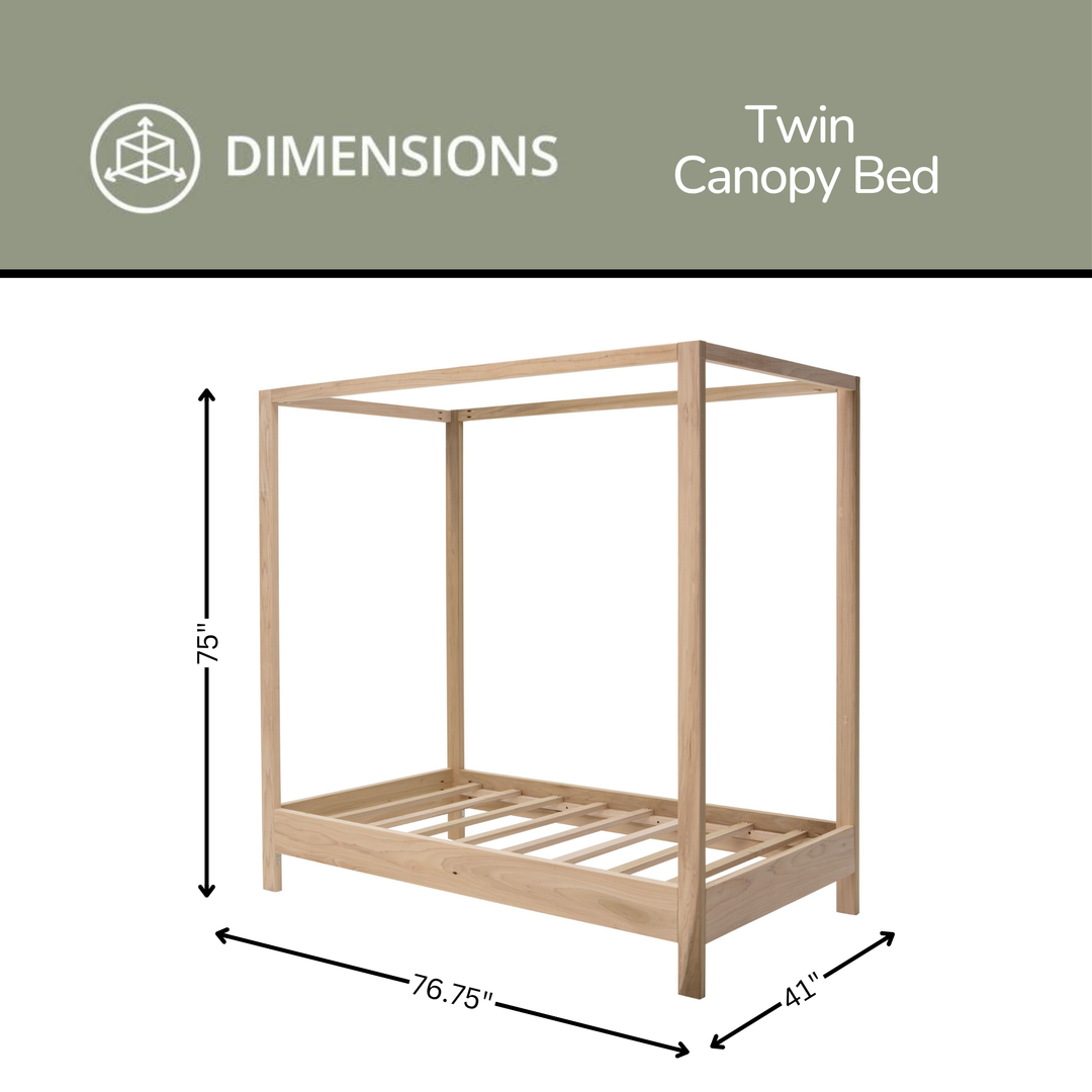 Twin canopy bed with dimensions labeled on a white background