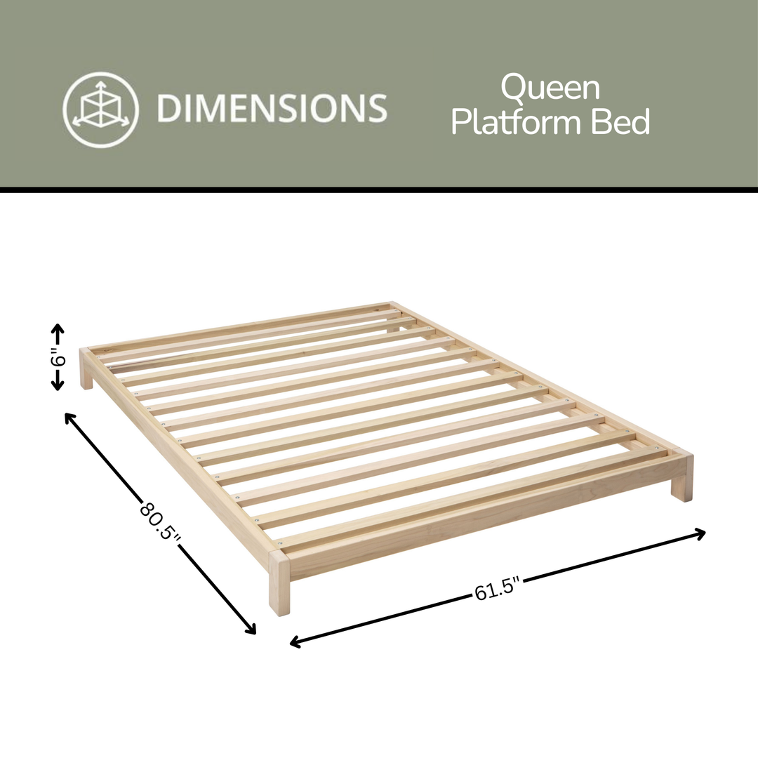 Dimensions of a Queen Platform Bed with clear measurements on a white background