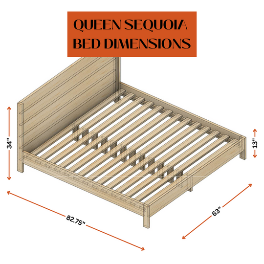 Wooden bed frame with dimensions labeled on a white background