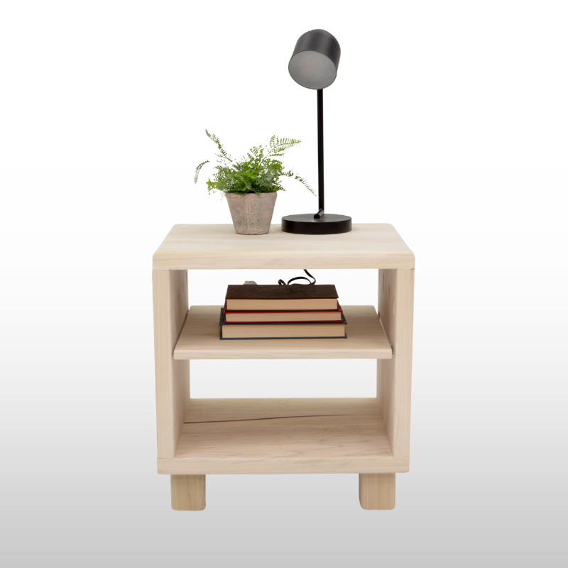 Wooden side table with a lamp, books, and plant on a white background