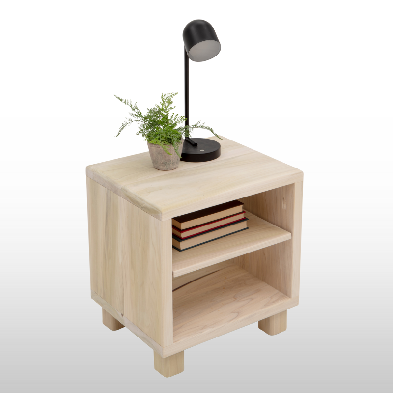 Wooden side table with a lamp, books, and plant on a white background