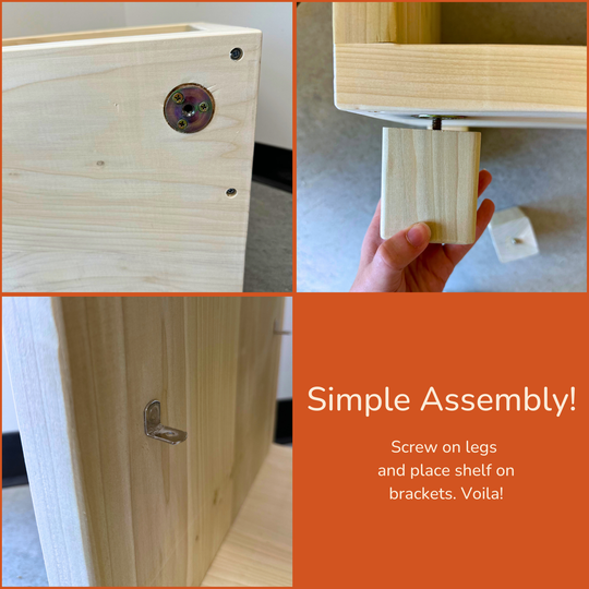 Wooden furniture assembly instructions with screws and brackets.