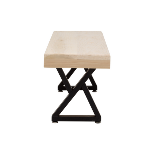 Wooden table with black metal legs on a white background