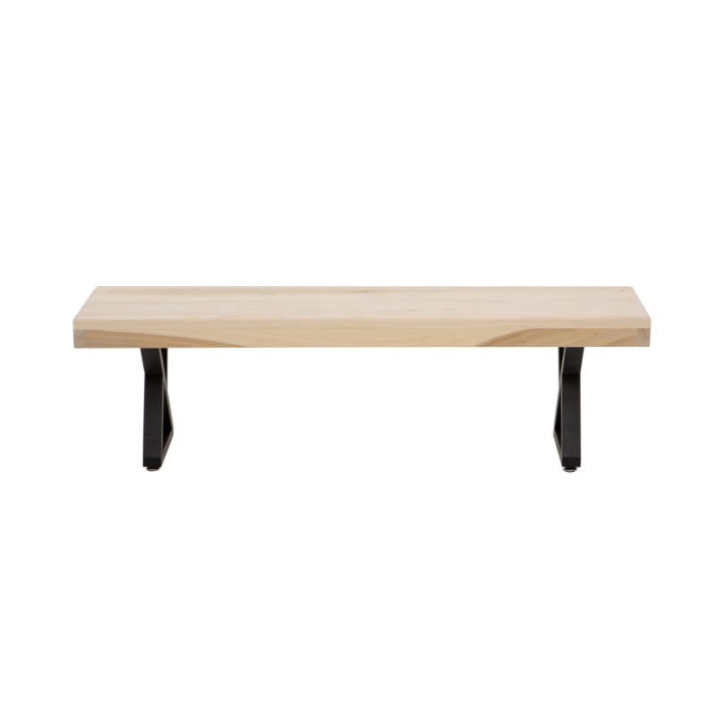 Wooden bench with black metal legs on a white background
