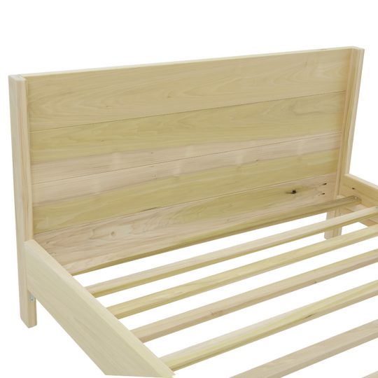 Wooden bed frame with slatted design on a white background