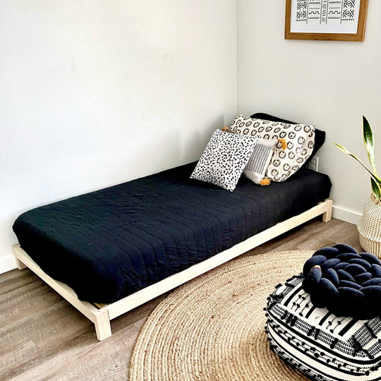 Single bed with black mattress and decorative pillows in a room with a plant and framed picture on the wall.
