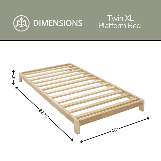 Dimensions of a Twin XL platform bed with clear measurements on a white background.