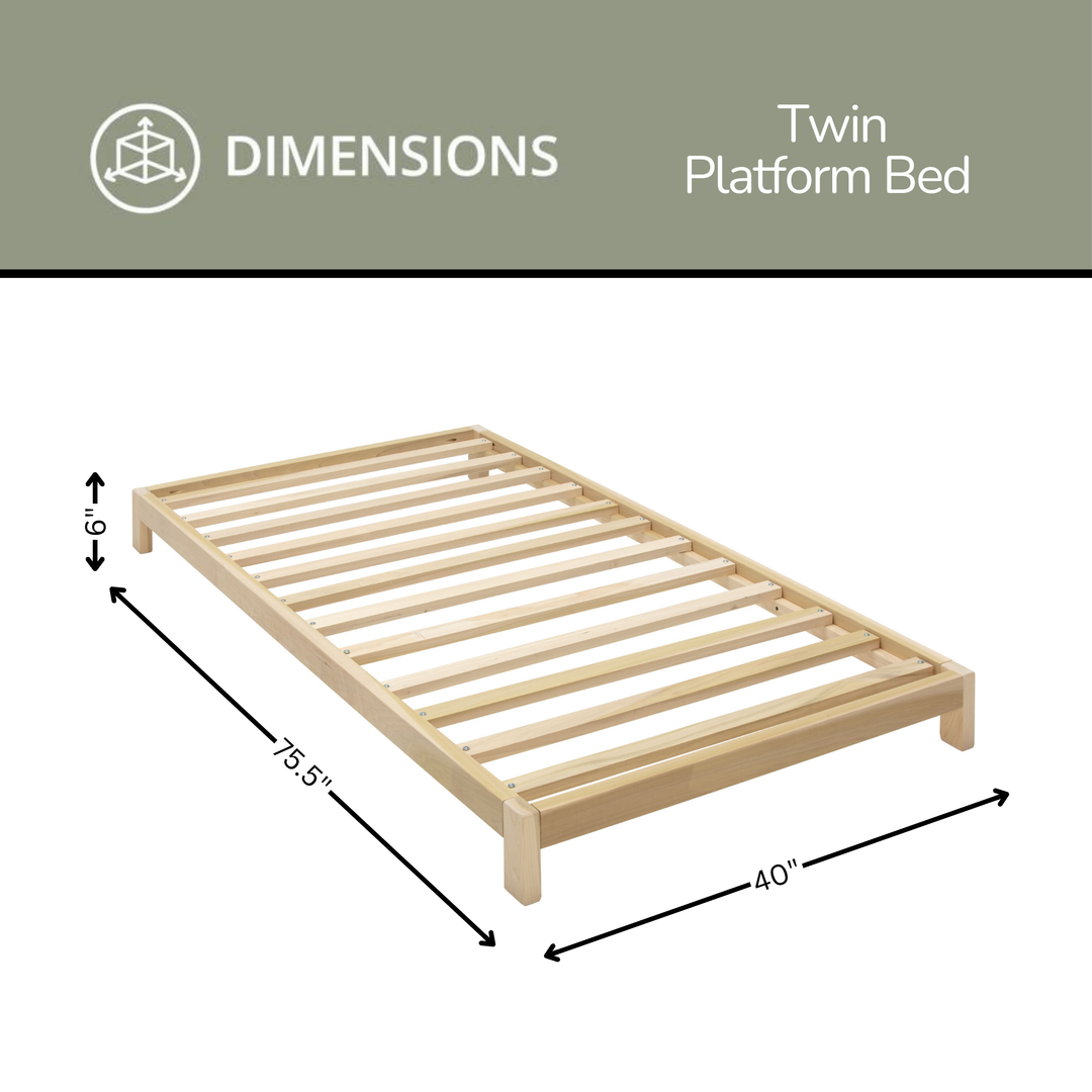 Dimensions of a twin platform bed with clear measurements on a white background