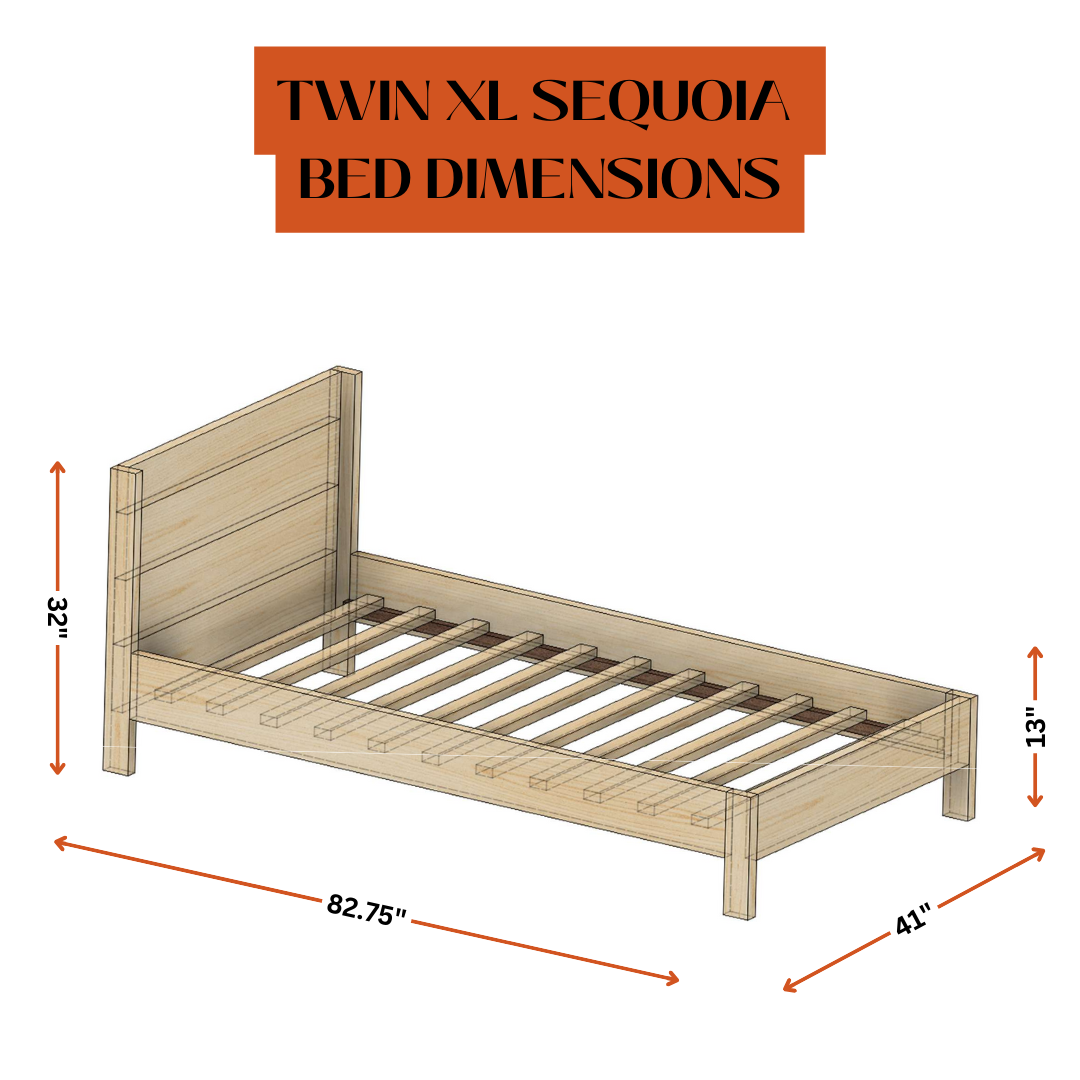 Wooden twin XL Sequoia bed with dimensions labeled on a white background