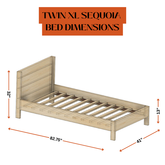 Wooden twin XL Sequoia bed with dimensions labeled on a white background