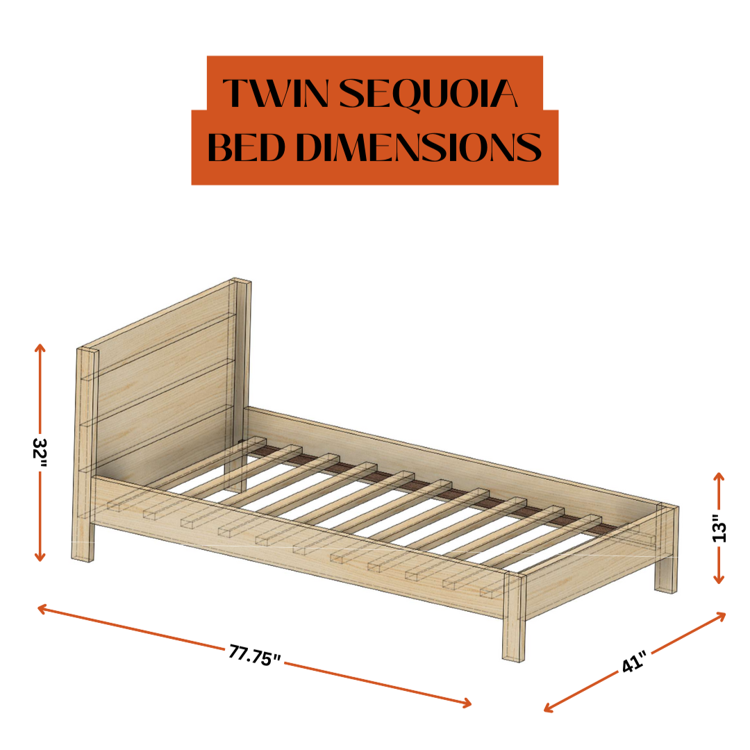 Wooden twin bed frame with dimensions labeled on a white background