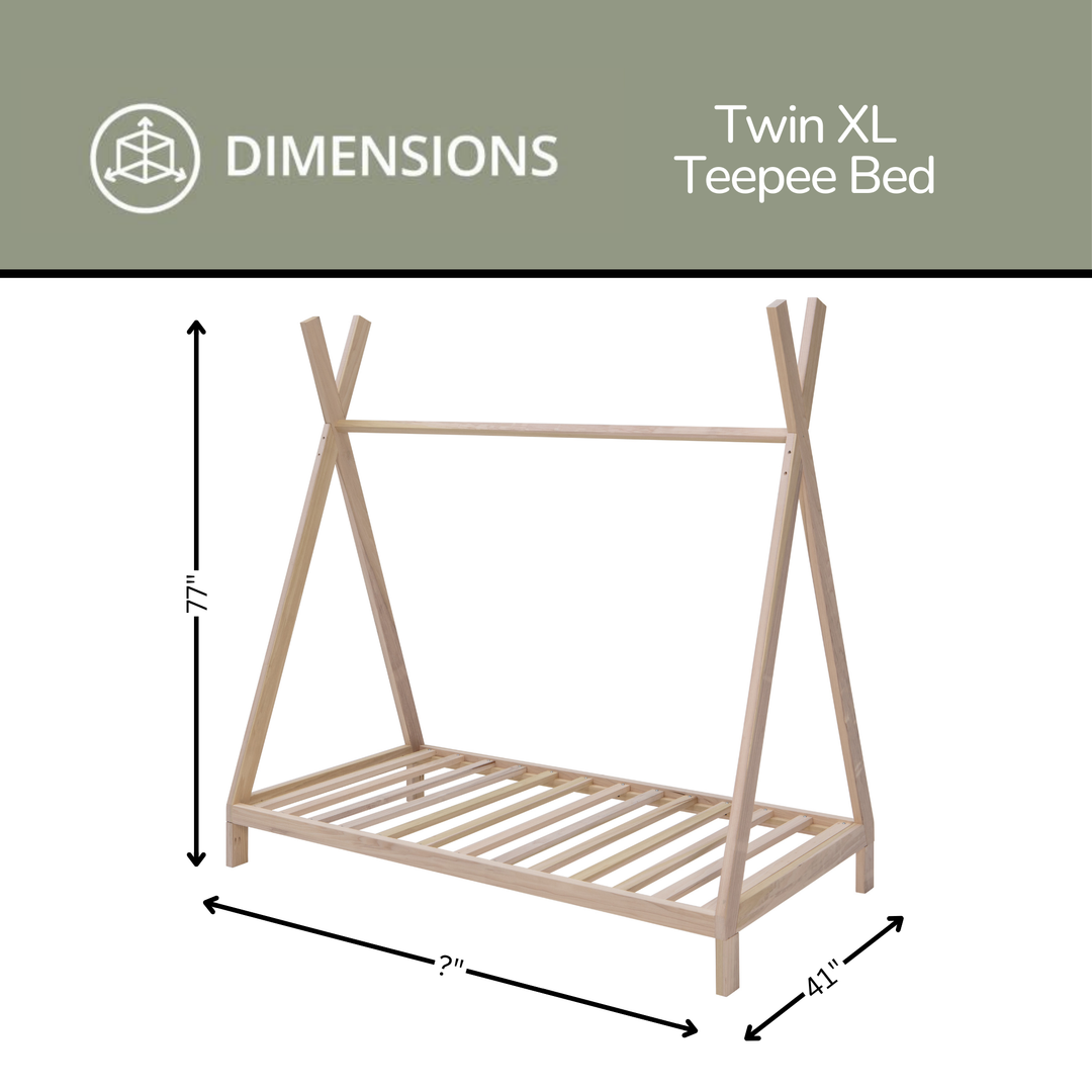 Twin XL teepee bed with dimensions on a white background